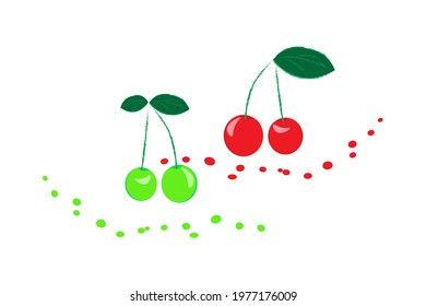 cherries are green and red with a green leaf.vector illustration.design elements.isolated on a white background.