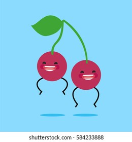 Cherries (guinda) with cute face. Illustration funny and healthy food cartoon. Blue background
