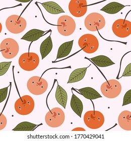 Cherries, hand drawn seamless pattern. Overlapping background, berries vector. Colorful illustration with food. Decorative wallpaper, good for printing. Design backdrop