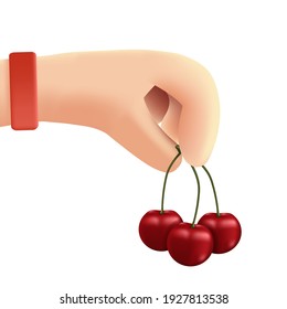 Cherries in hand. Red and ripe cherries in cartoon 3d hand. Vector illustration isolated on white background