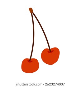 Cherries hanging from a stem on a white background, highlighting their vibrant color and natural beauty in a simple design