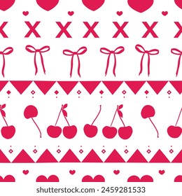 
Cerezas, corazón, corbatas de lazo de color rojo diseño de tela sin costuras diseño vintage