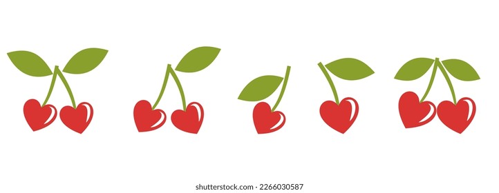 Cherries heart shape with green leaves icon sign isolated on white background vector illustration.