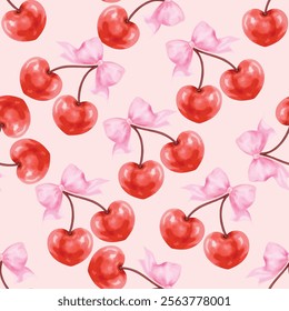 Cherries Heart shape Seamless Pattern watercolor stye for textile wallpaper backdrop and so on. You can change the background color from the EPS file.