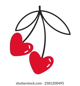 Cherries hearts doodle style Hand drawn trendy flat style love isolated icon Romantic symbol of love for web graphic design poster tattoo Valentines Day Greeting card line art Vector illustration