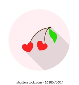 Cherries Hearts icon. Vector image flat design with long shadow. 
Valentine's day concept. Symbol with love. Vector illustration of holidays. 