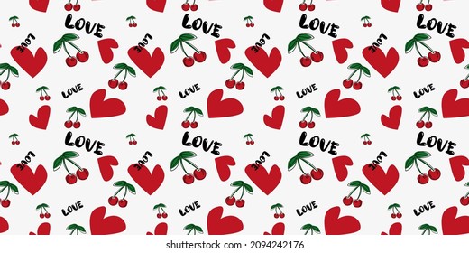 Cherries with hearts and love seamless pattern on a white background. Doodle. Hand-drawn pattern with cherries. Suitable for wallpapers, web page backgrounds, surface textures, textiles.