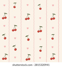 Cherries and Hearts Pattern. A seamless striped pattern with cherries and tiny hearts in vector style. For wrapping paper, textiles, stationery, children's products, modern packaging, summer designs