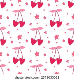 Cherries, hearts and stars, Valentine's Day, Scandinavian style, perfect for fabric, wrapping paper, textiles, baby bedding, wallpaper, pajamas.