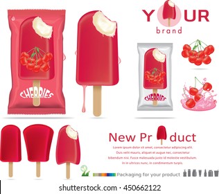 cherries ice cream with packaging design.Plastic Pack Template for your design and branding. Vector