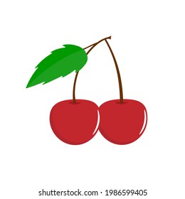 Cherries Illustration - Pair of cherries with stems and leaves isolated on white background