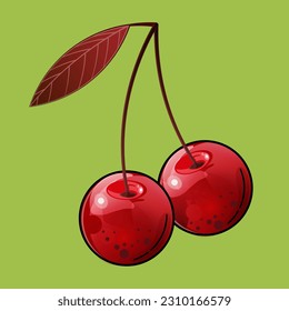 Cherries isolated on green background, fresh fruit, natural berry