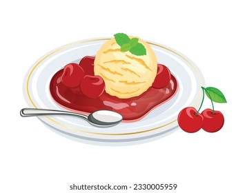 Ilustración vectorial del postre de cerezas Jubilee. El postre es de flores hechas con cerezas y un vector de helados de licor y vainilla. Salsa de cerezo y una cuchara de helado de vainilla en un dibujo de plato