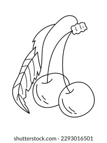 Cherries with leaf in line art Sketch art. Vector illustration