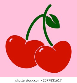 Cherries with leaf. Retro flirty cherries. Trendy red girly berry in the form of hearts. Romantic fruit decoration. Vector set of cherries for Valentine's Day. Isolated graphics