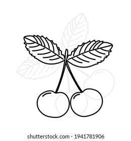 Cherries with leaves are drawn with a black outline on a white background. Berries pattern for coloring, applications, print on utensils, kitchen textiles. Vector graphics.