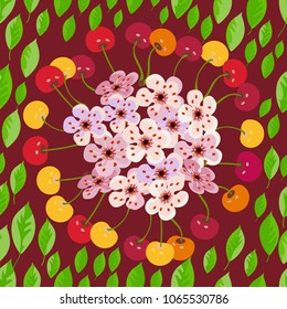 Cherries with leaves and flowers seamless pattern. Can be used for fabric, packaging, graphic design.
