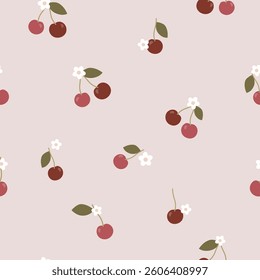 cherries , leaves and flowers seamless pattern , vector , illustration 