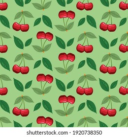 Cherries with leaves isolated on green background.Background.