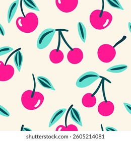 Cherries with  Leaves. Seamless pattern background ideal for wrapping paper, fabric, textile etc.