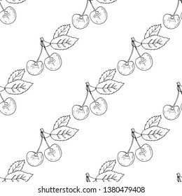 Cherries and leaves. Seamless pattern. Hand drawn vector illustration.
