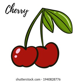 Cherries with leaves. Two burgundy ripe berries on a branch with leaves, Vector. Garden berries close-up.