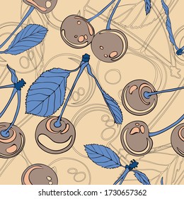 Cherries. Leaves. Vegetation. Seamless vector pattern with cherry. Hand drawing.