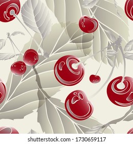 Cherries. Leaves. Vegetation. Seamless vector pattern with cherry. Hand drawing.