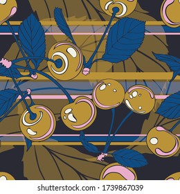 Cherries. Leaves. Vegetation. Seamless vector pattern with cherry, geometry and lines. Hand drawing.