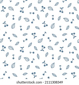 Cherries and leaves white blue seamless pattern. Cherry vector print for fabric or paper.