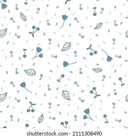 Cherries And Leaves White Blue Seamless Pattern. Cherry Flowers And Music Notes Vector Print For Fabric Or Paper.