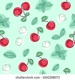 Cherries, mint leafs and ice cubes hand draw vector seamless pattern.