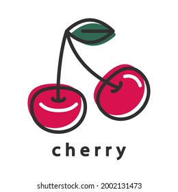 Cerezas en una rama con una hoja. Signo vectorial simple. Impresión con bayas maduras. Icono de línea aislado en blanco.