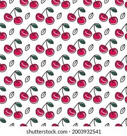 Cerezas en una rama con una hoja. Patrón simple de vector sin fisuras. Impresión de fruta madura. Textura con bayas en blanco.