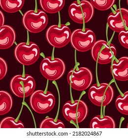 Cherries on a dark background. Seamless pattern of cherries on a dark background. Cherries with twigs. For fabric and textiles, clothing and prints, wallpaper and posters.