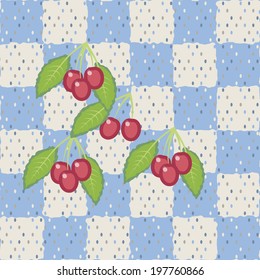 cherries on dotted check pattern, seamless vector illustration