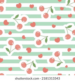 cherries on a pastel green stripes texture with kawaii red hearts, food seamless pattern for wrapping paper, fabric and textile vector print