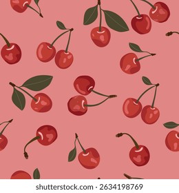 Cerezas sobre fondo rosa. Cerezas rojas lindo patrón sin fisuras para envolver papel, Fondo de pantalla, tela.	
