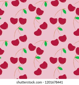 Cherries on pink background, seamless pattern image