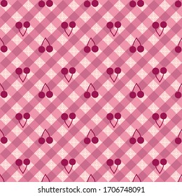 Cherries on pink gingham seamless vector pattern. Orchard picnic themed surface print design. For fabrics, stationery and packaging.