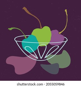 Cherries on a plate on dark background.Vector illustration.