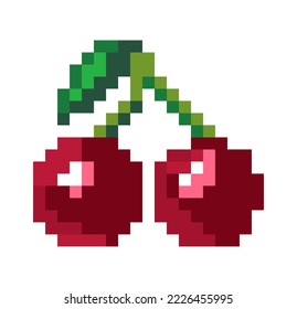 Cherries on stem with leaf, tasty and ripe berries with foliage. Summer and spring harvest, pixel sign for playing interface motif. Pixelated isolated icon, 8 bit game design, Vector in flat style