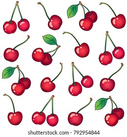 Cherries on white background. Cherry pattern.