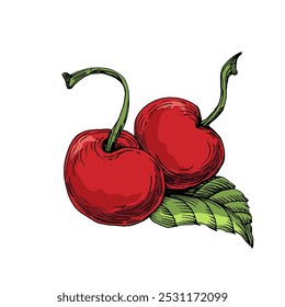 Kirschen auf weißem Hintergrund, handgezeichnete Illustration von Kirsche einzeln auf transparentem Hintergrund, Ausschnitt