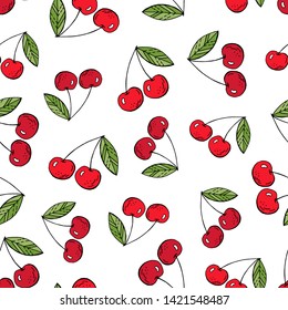 Cherries on a white background vector seamless pattern.