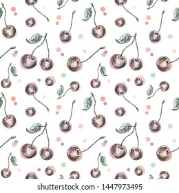 Cherries pattern. Hand drawn cherry berries on white, seamless background.