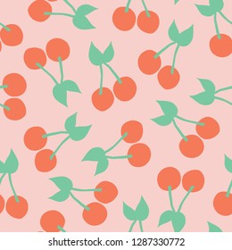 Cherries pattern. Vector seamless background with illustrated cherry fruits isolated on pink. Food illustration. For card, menu cover, web pages, page fill, packaging, farmers market, summer fabric