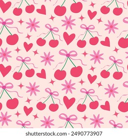 Cherries with pink bows , Hearts and flowers seamless pattern. For valentines day print, wrapping paper and fabric 