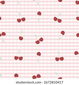 
Cerejas com padrão xadrez rosa padrão de design de tecido sem costura