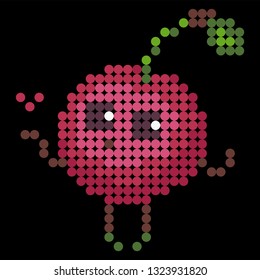 Cherries in pixel art style. Cute character for cross stitch. Element design for web, games, app, logo, embroidery, sticker. 